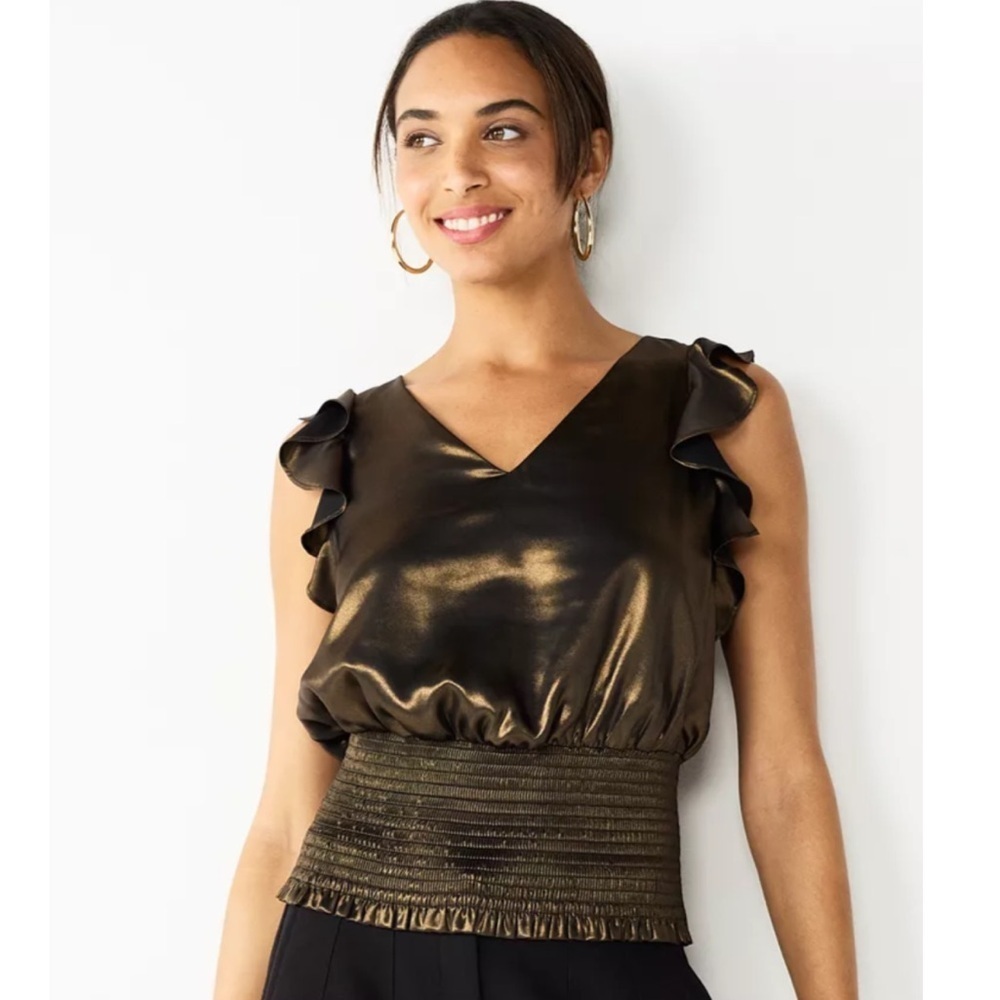 Nine West Metallic Brown Smocked Hem Ruffle Top Sleeveless Large Party Glam Chic - Picture 9 of 9